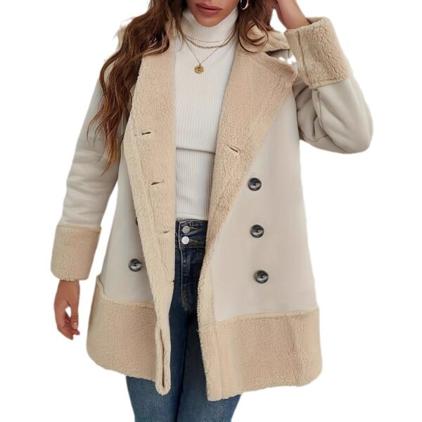 Apricot Lapel Lamb Wool Contrast Color Long Coat - Image 4