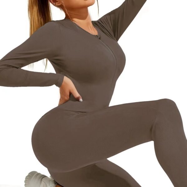 Women's Solid Color Zipper Slim Fit Yoga Bodysuit High Elastic Running Sport Long Sleeve One-piece Sportswear - Image 6