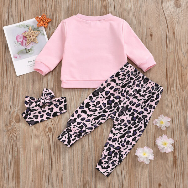 Long Sleeve Letter Print Leopard Print Pants Children's Set - Image 5