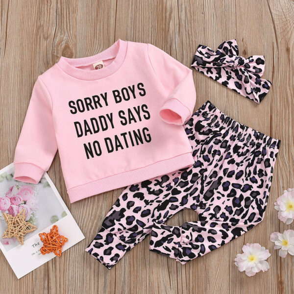 Long Sleeve Letter Print Leopard Print Pants Children's Set - Image 6