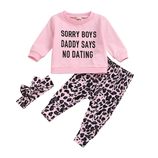 Long Sleeve Letter Print Leopard Print Pants Children's Set - Image 4