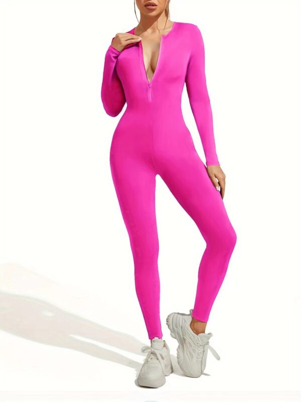 Women's Solid Color Zipper Slim Fit Yoga Bodysuit High Elastic Running Sport Long Sleeve One-piece Sportswear - Image 5