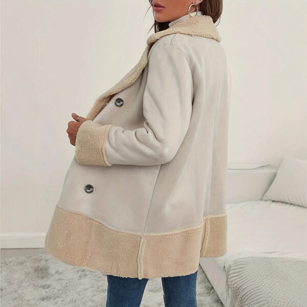 Apricot Lapel Lamb Wool Contrast Color Long Coat - Image 3