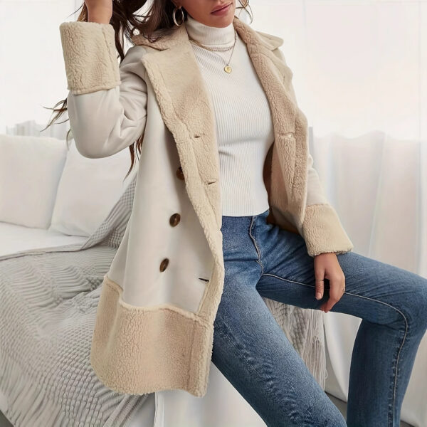 Apricot Lapel Lamb Wool Contrast Color Long Coat - Image 5