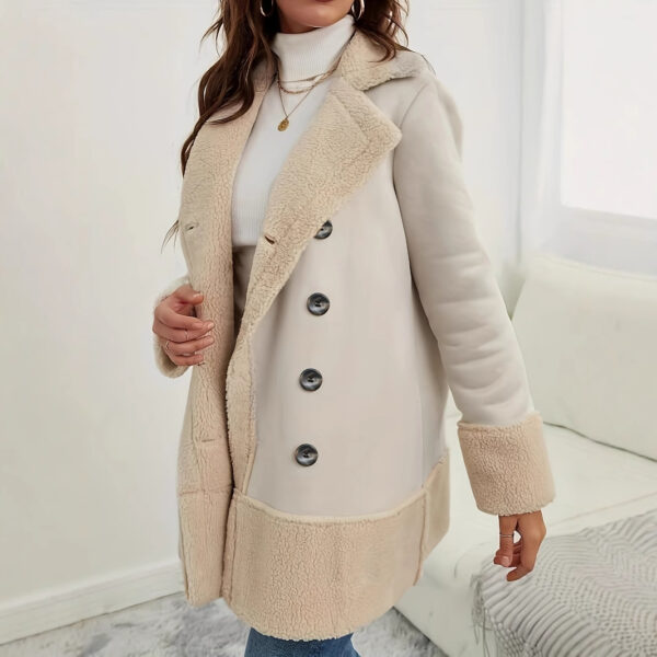 Apricot Lapel Lamb Wool Contrast Color Long Coat - Image 2