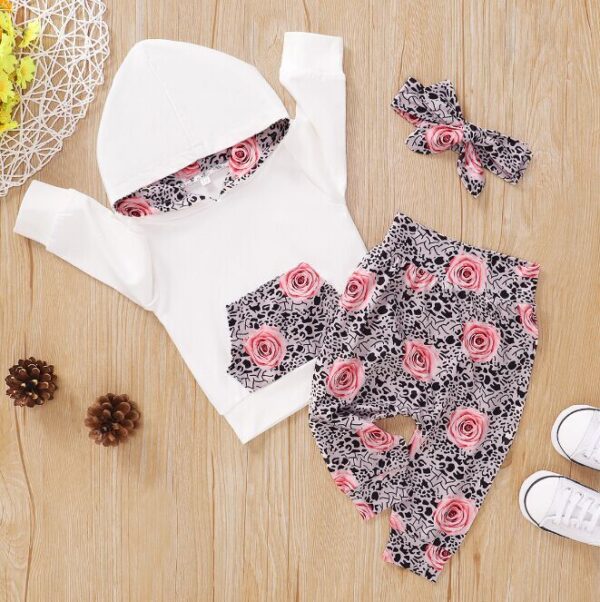 Infant Sweater Hooded Long Sleeve White Pants Set With Flowers