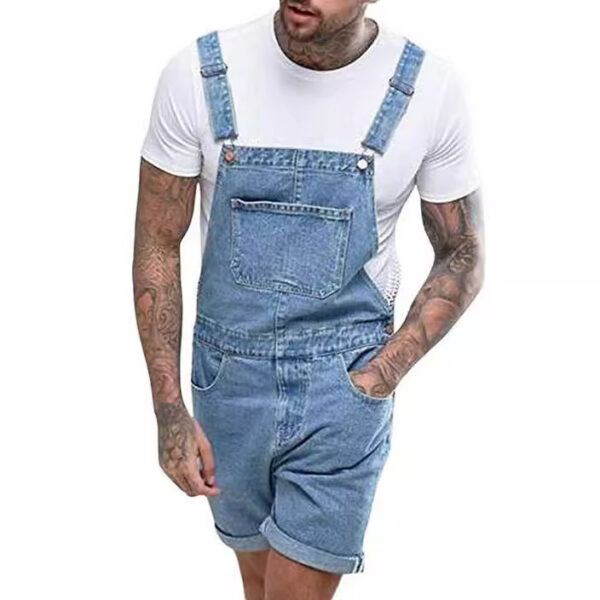 Retro Men's Denim With Hole Shorts One-piece Working Bib Top Pants - Image 5