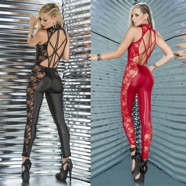 Women's Lace Patent Leather Bodysuit Pajamas - Image 4