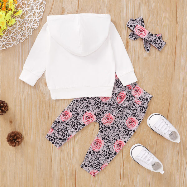 Infant Sweater Hooded Long Sleeve White Pants Set With Flowers - Image 3