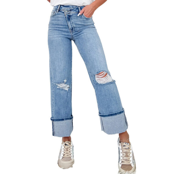 Solid Color Trousers High Waist Ripped Jeans For Women - Image 3