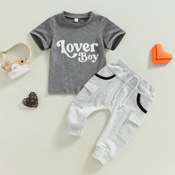 Baby Boy Short Sleeve Monogram Print T-shirt Gray Summer Clothing Set - Image 5