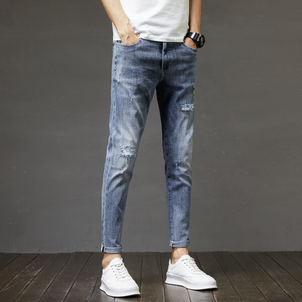 Men's Ripped Denim Slim-fitting Ankle Length Trousers Pants - Image 5