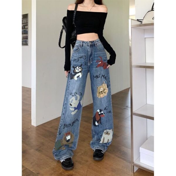 Female American retro high street graffiti jeans - Image 2