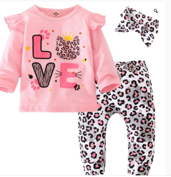 Long Sleeve Letter Print Leopard Print Pants Children's Set - Image 2