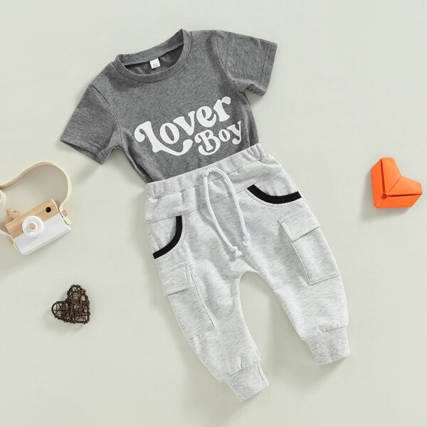 Baby Boy Short Sleeve Monogram Print T-shirt Gray Summer Clothing Set - Image 3