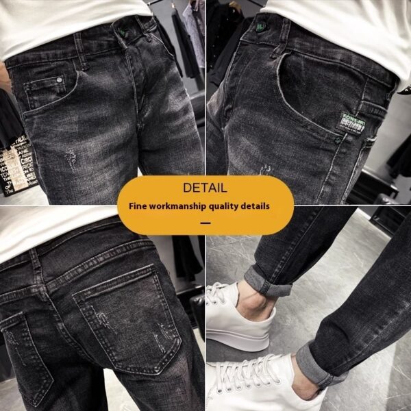 Jeans Men's Black Tapered Cropped Elastic Slim Fit Slimming - Image 4