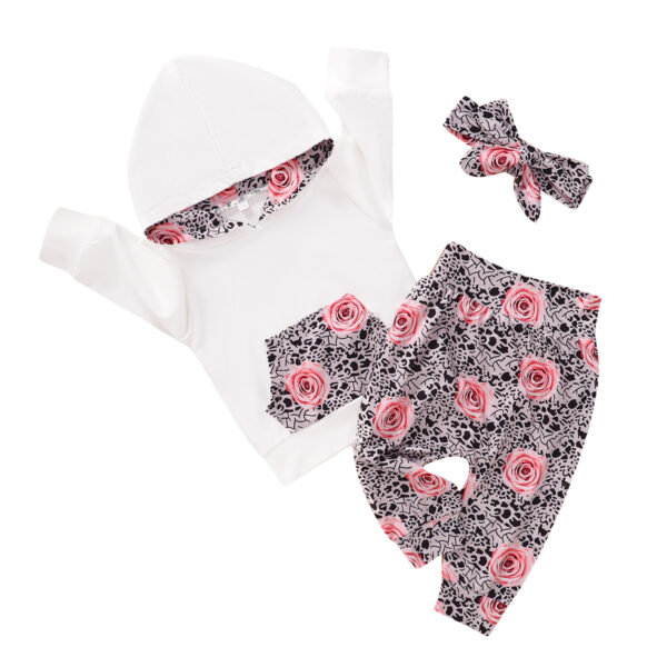 Infant Sweater Hooded Long Sleeve White Pants Set With Flowers - Image 2