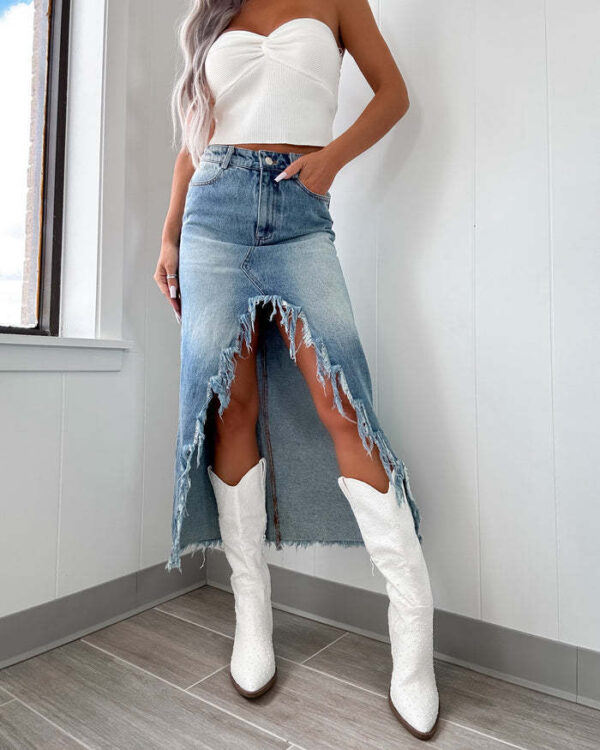 Denim High Waist Irregular Raw Hem Worn Looking Washed-out Skirt - Image 3