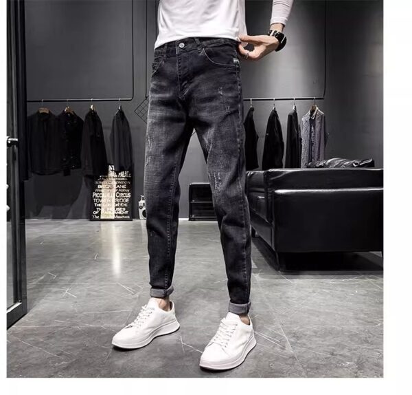 Jeans Men's Black Tapered Cropped Elastic Slim Fit Slimming - Image 3