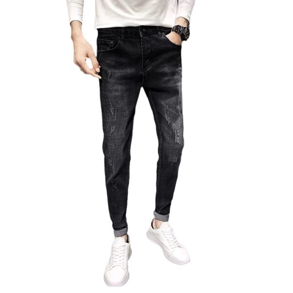 Jeans Men's Black Tapered Cropped Elastic Slim Fit Slimming - Image 2