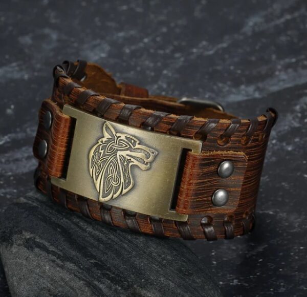 Asgard Crafted Leather Buckle Arm Cuff With Fenrir Design - Image 2